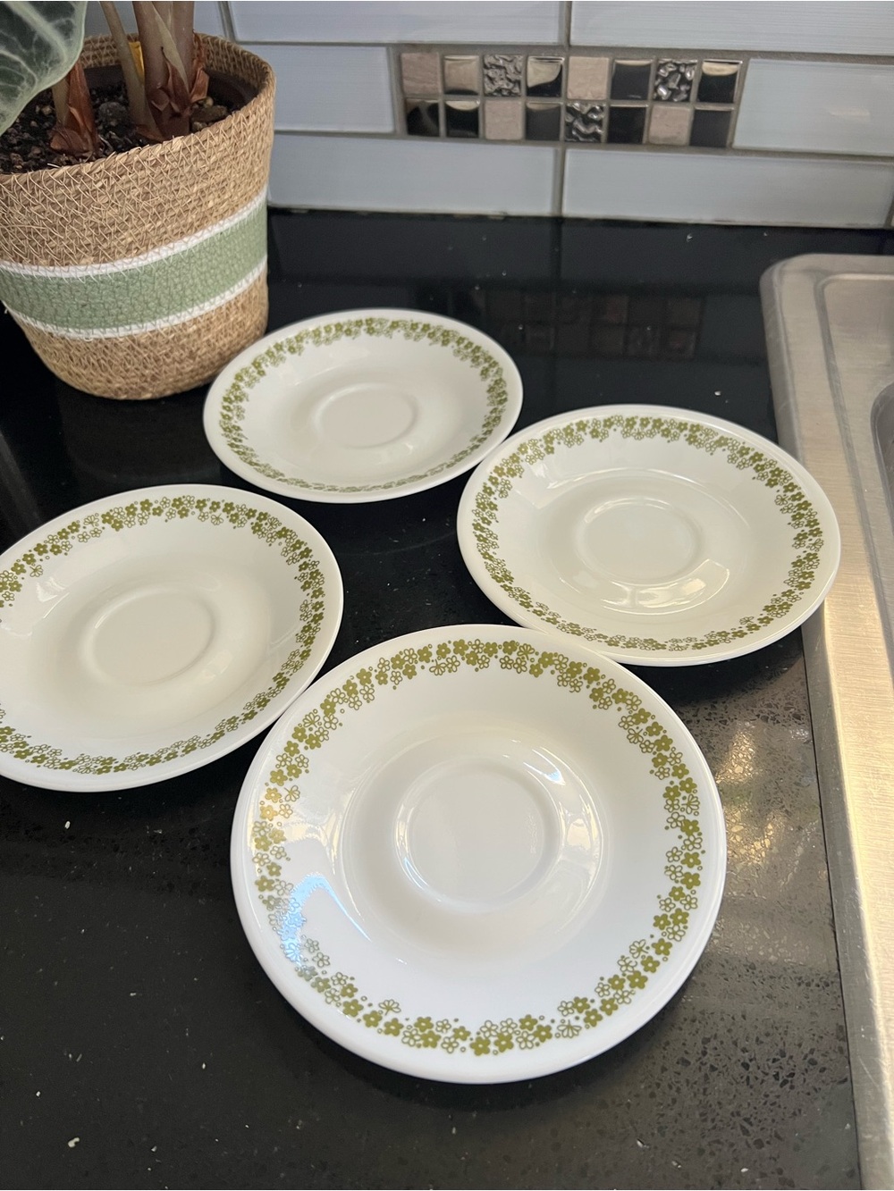 Corelle White Saucers with Olive Green Floral Border - Set of 4